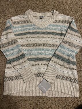 Falls Creek Cream Knit V-Neck Sweater with Teal & Brown Accents